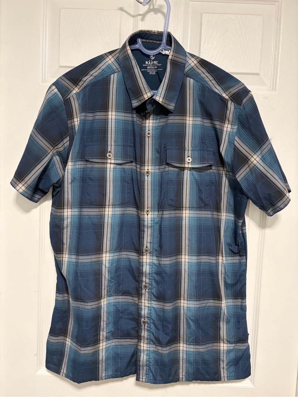 Kuhl Men’s Blue and White Plaid Short-Sleeve Button-Down Shirt
